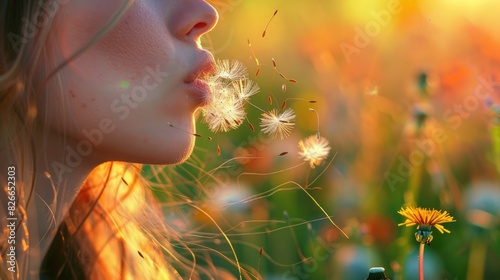 A woman is joyfully blowing dandelions in a field  creating a fun gesture in closeup macro photography. The delicate plants form a circle  resembling a beautiful piece of art AIG50