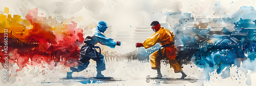 Dynamic watercolor illustration of two judo fighters in action against a Paris cityscape background, symbolizing the Olympic Games photo