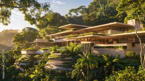 Photo of a modern architectural house with extensive use of glass and wood  surrounded by lush greenery. The image highlights the harmonious integration of the structure with its natural surroundings
