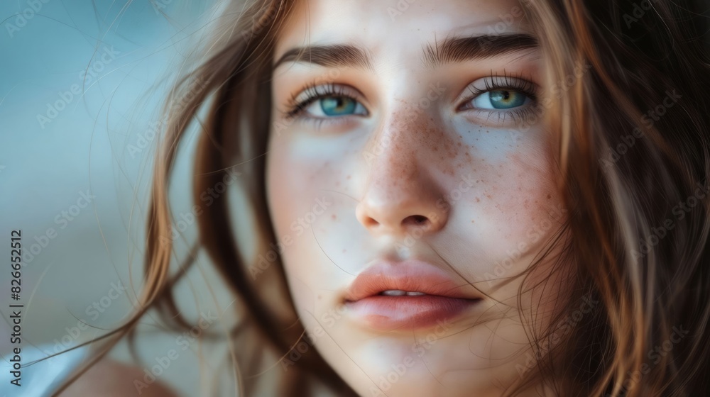 A woman with freckles and blue eyes. A woman with freckles and blue eyes.