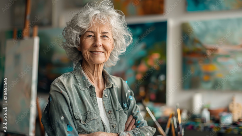 Elderly female artist smiling in her studio surrounded by colorful paintings and art supplies, embracing creative passion and joy. Elderly female artist smiling in her studio surrounded by colorful paintings and art supplies, embracing creative passion and joy.