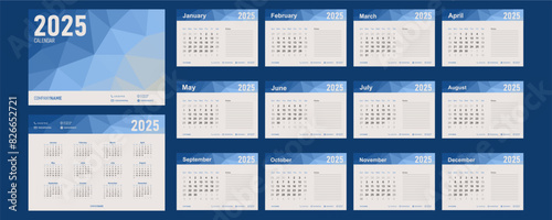 2025 calendar template. Set of annual and monthly calendar with cover page ready for print. Minimalist corporate style. Simple calendar for a wall or desk with week start on Sunday.