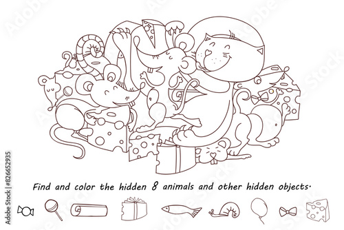 Find and color hidden objects. Funny cat and rats among cheeses. Coloring page for kids. Hidden object puzzle game. Sketch vector illustration of cute cartoon characters.
