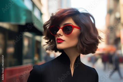 A woman with red sunglasses and black dress. © VISUAL BACKGROUND