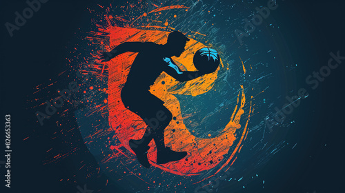 Basketball, silhouette colorful logo style man or player playing basketball, blue background 