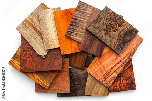 Top view of various wood veneer samples showcasing diverse grain patterns and colors, ideal for design and interior projects. photo