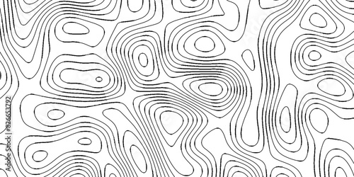 Black and white abstract topographic contours map background, topographic map and landscape terrain texture grid outline cartography landscape white wave paper curved reliefs abstract background.