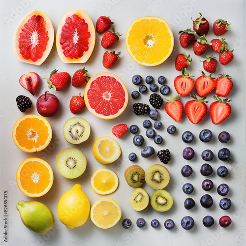 Fruits and berries laid out on a white background