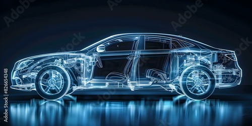 Transparent image showing car structure and frame through Xray technology. Concept X-ray Car Structure, Transparent Image, Automotive Technology, Vehicle Frame, Engineering Technology