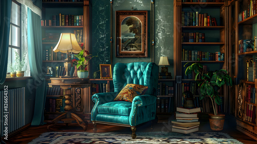 Bohemian library interior with turquoise chair for reading and lamp, turquoise wall decor © Pik_Lover
