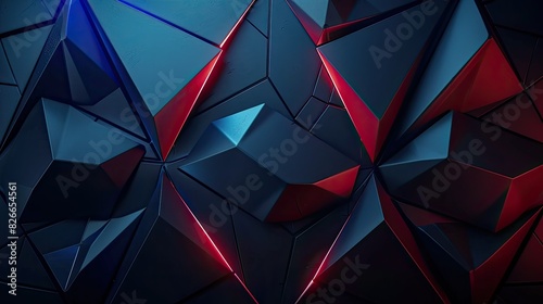 Luxury abstract black metal background with blue and red light lines. Dark 3d geometric texture illustration. modern design photo