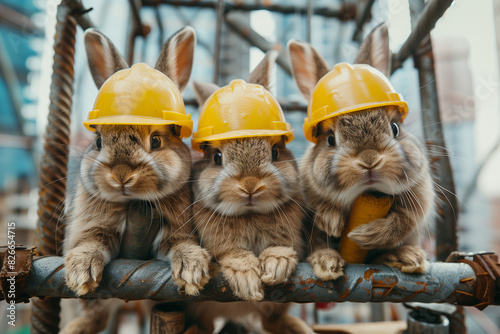 Rabbit workers with yellow helmets during lunch break