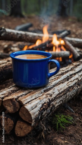 Rustic Campfire Scene, Blue Enamel Cup of Coffee on Log.