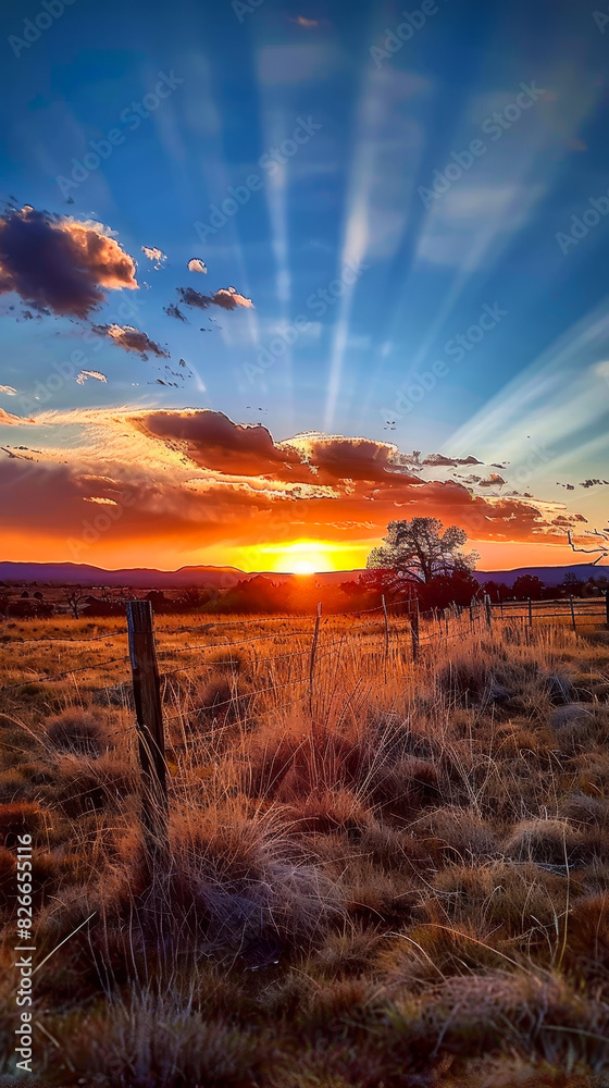 Naklejka premium Vibrant Sunset Over Serene Field in Santa Fe, New Mexico with Radiant Sky, Grassy Landscape, and Majestic Silhouette of a Tree - Tranquility and Natural Beauty at Dusk