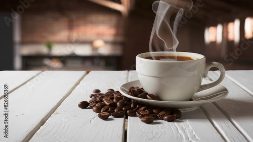 A cup of steaming hot coffee standing in the center of a white wooden table. Coffee beans are scattered nearby.