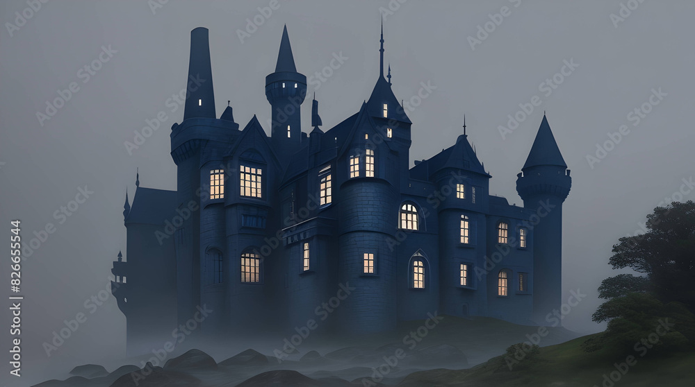 An ancient, gothic castle mansion, its walls a deep, dark blue, standing atop a rocky hill, surrounded by a thick fog An ancient, gothic castle mansion, its walls a deep, dark blue, standing atop a rocky hill, surrounded by a thick fog