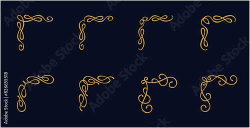decorative corner frames set. Vintage  gold luxury calligraphic corners and borders. Retro elegant ornamental frame deco dividers. Vector art graphic design illustration. royal princess, menu, wedding