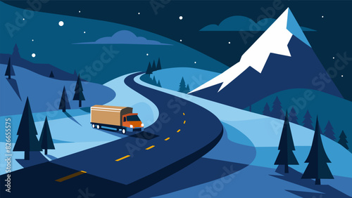 Through the thick snowfall a dimly lit truck made its way along the winding road delivering muchneeded heating oil to a secluded mountain cabin.. Vector illustration