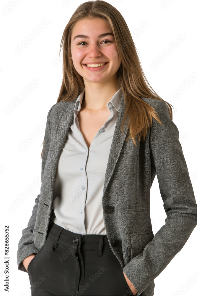 Photo of a smiling Asian woman in a white shirt and black pants, posing confidently against a white background, exuding joy and professionalism. Photo of a smiling Asian woman in a white shirt and black pants, posing confidently against a white background, exuding joy and professionalism.