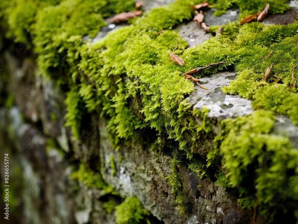 Close-up of vibrant green moss growing on a stone wall, displaying texture and nature's beauty in a forest setting. Close-up of vibrant green moss growing on a stone wall, displaying texture and nature's beauty in a forest setting.