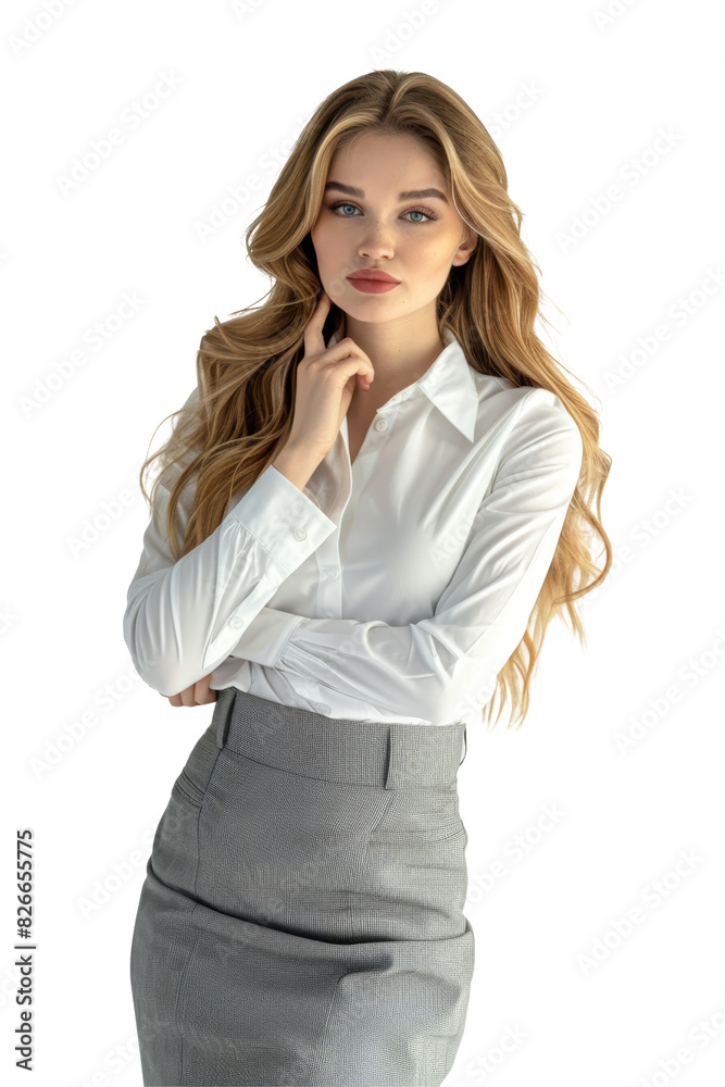 Photo of an attractive woman with long curly hair, wearing a white blouse and gray skirt, standing against a light background, posing confidently. Photo of an attractive woman with long curly hair, wearing a white blouse and gray skirt, standing against a light background, posing confidently.