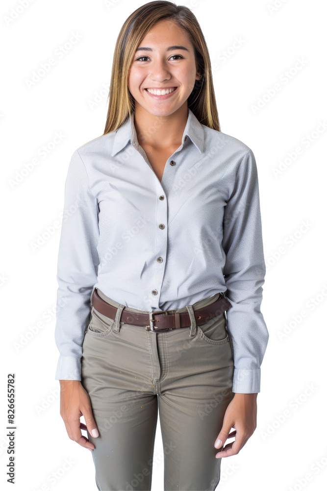 Young woman in a white blouse and plaid pants, posing confidently in a studio with a neutral background. Young woman in a white blouse and plaid pants, posing confidently in a studio with a neutral background.