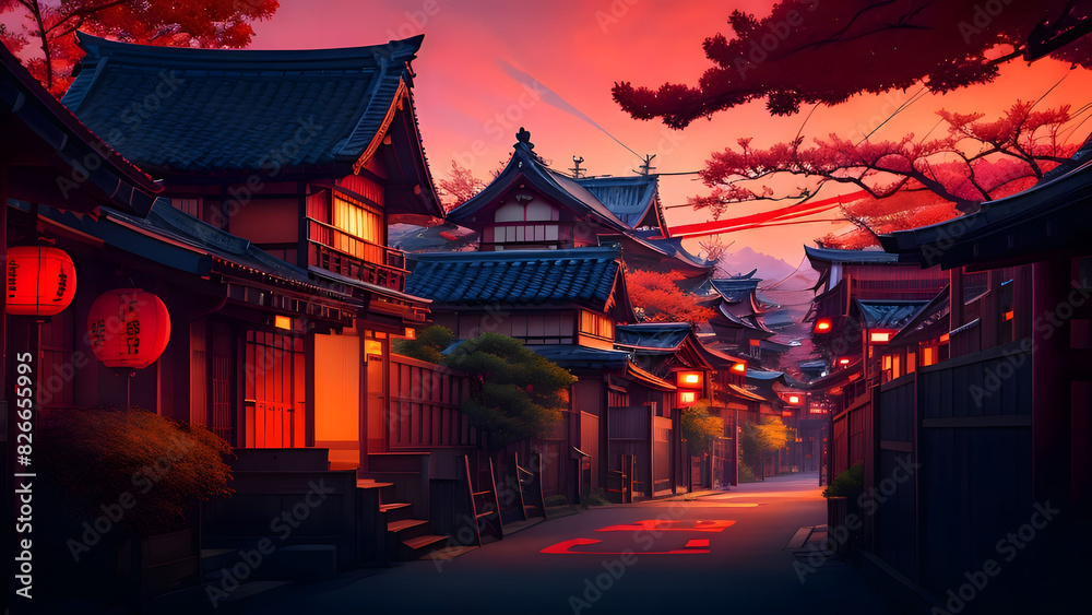 Obraz premium Traditional japanese houses in the twon with mountain in the background, red theme