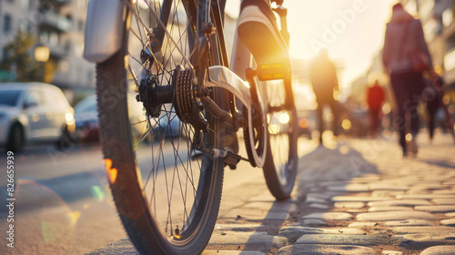 Close up of legs on an electric bike in the city, blurred people walking behind and cars in the distance, sunny day, sunlight, urban environment photo