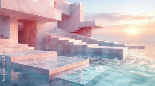 Modern background with overlapping geometric shapes, subtly blended with natural textures like water or stone, creating a balanced composition. photo