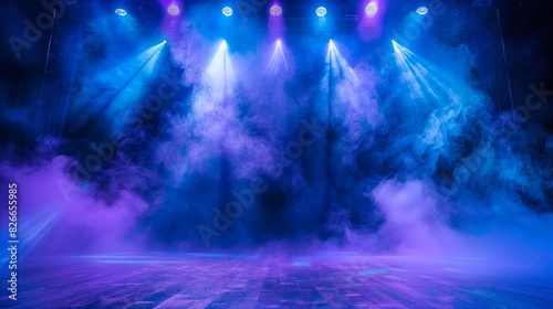 An empty stage, blue and purple lighting, light smoke.