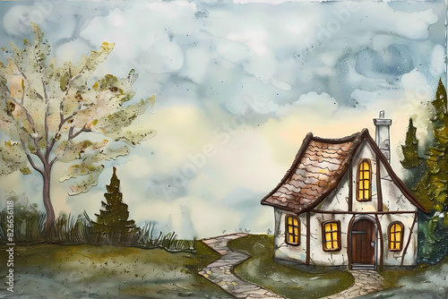 Stick Style House (Encaustic Painting) - Originated in the United States in the late 19th century, characterized by decorative stickwork on the exterior walls and gables, inspired by the English Arts  photo