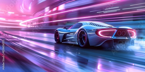 Accelerating on a Vibrant Night Track  Futuristic Sports Car Showcasing Powerful Speed. Concept Futuristic Sports Cars  Night Track  Powerful Speed  Acceleration  Vibrant Atmosphere