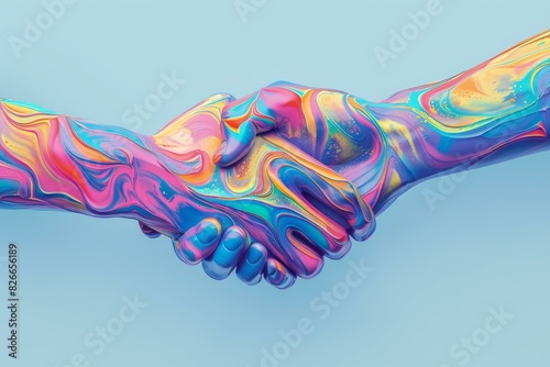 Vibrant abstract digital artwork of a colorful painted handshake illustration on a blue background. Representing artistic collaboration and unity in a creative and artful design with a fluid photo