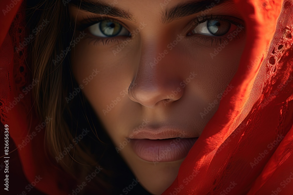 Arabic Model Wearing Red Scarf, Tanned Beauty Portrait Arabic Model Wearing Red Scarf, Tanned Beauty Portrait
