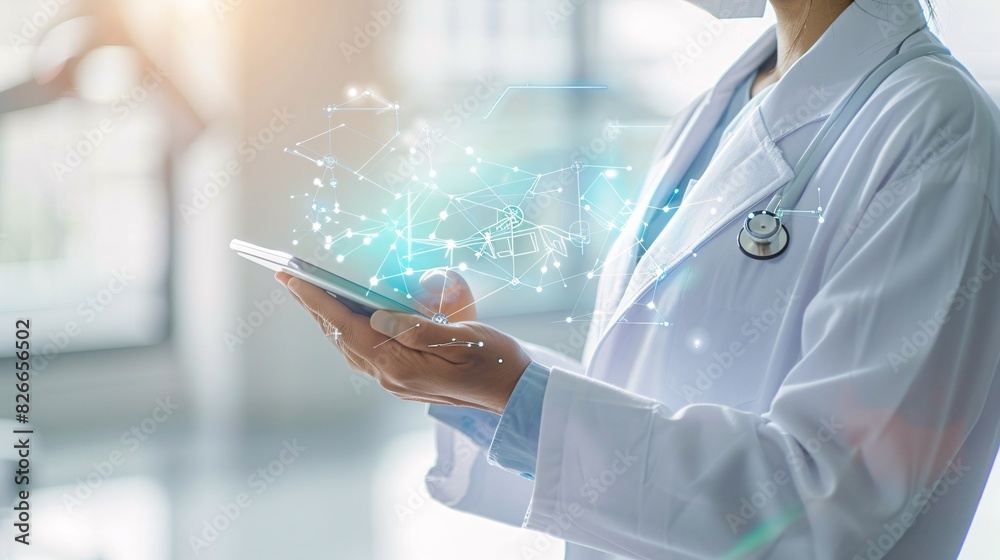 A digital tablet displaying a holographic representation innovation in medical science A digital tablet displaying a holographic representation innovation in medical science
