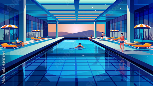 Blue water pool Luxury Hotel modern interior hotel rooftop pool with view of Mountain sunset landscape. Guests sit admire view  people swimming. Travel  Vacation  Hello Summer  kids camp  art