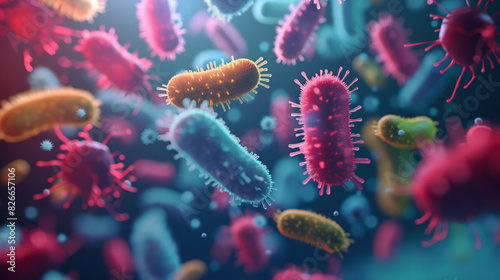 Bactérias e vírus abstratos em várias formas fundo colorido de microbiologia ilustração 3d