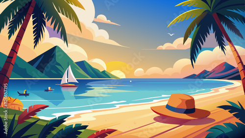 Vibrant tropical beach landscape with a sunset backdrop. Illustration of a serene beach scene at sunset with palm trees. Straw hat at a beach, Colorful beach setting with sailing boats at dusk