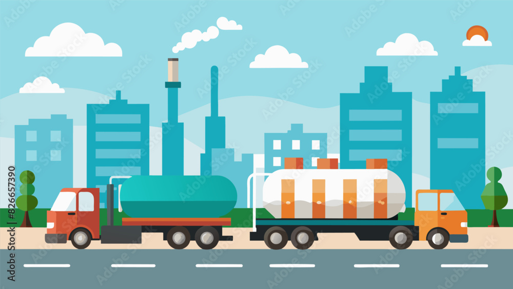 Large tanker trucks transporting compressed natural gas to various distribution points throughout the city.. Vector illustration