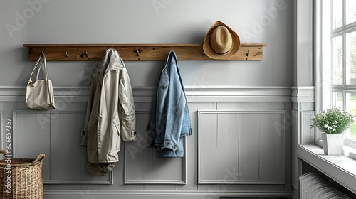A simple, modern coat rack or wall hooks, providing a designated place for hanging jackets, bags, or hats, keeping the office space tidy.