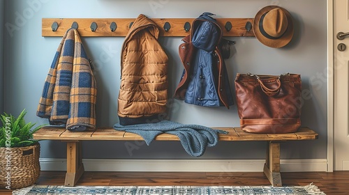 A simple, modern coat rack or wall hooks, providing a designated place for hanging jackets, bags, or hats, keeping the office space tidy.