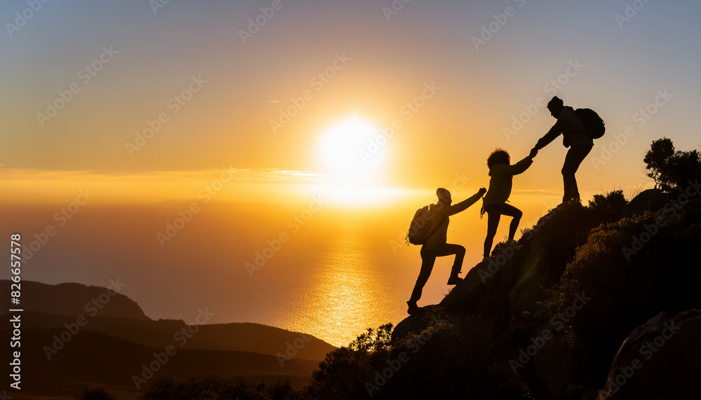 Group of people climbing a mountain in silhouette, helping each other to reach the summit. Teamwork and shared goals concept.
