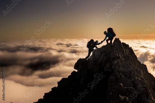 Two people in silhouette, climbing to a mountain peak above the clouds, offering a helping hand to help each other. Teamwork, friendship and shared goals concept.