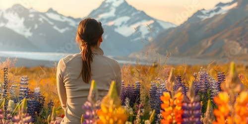 A woman enjoying nature among vibrant lupin flowers with Mount Cook backdrop. Concept Landscape Photography, Nature Portraits, Flower Fields, Wilderness Exploration, New Zealand Scenery