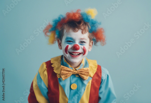 Laughing portrait of a children in clown makeup  isolated light blue background  copy space for text 