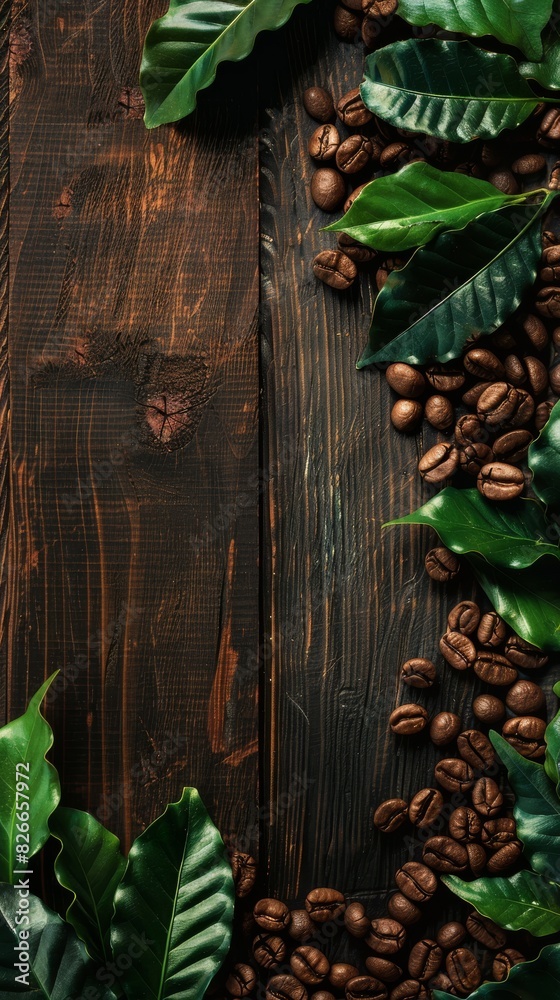 Vintage Coffee Beans and Green Leaves on Wooden Background