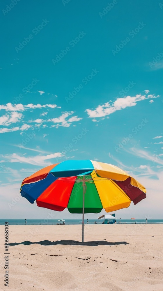 A colorful umbrella is sitting on the beach, with the sky in the background A colorful umbrella is sitting on the beach, with the sky in the background