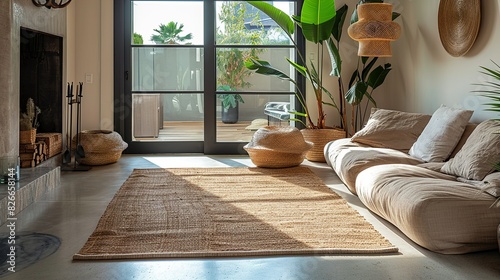 A stylish, contemporary rug in a neutral color, adding a touch of warmth and comfort to the office floor while maintaining the minimalist aesthetic.