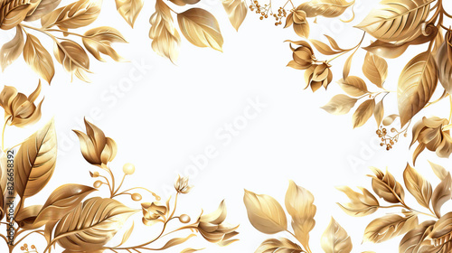 a clean white card with Borders of the frame of gold branches, eucalyptus leaves on a white background. flat layout, top view