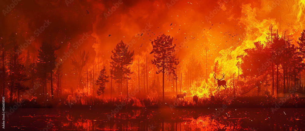 A forest engulfed in flames, detailed trees and wildlife fleeing, intense orange and red hues, high-detail, depicting wildfires intensified by climate change.Highly detailed photography A forest engulfed in flames, detailed trees and wildlife fleeing, intense orange and red hues, high-detail, depicting wildfires intensified by climate change.Highly detailed photography